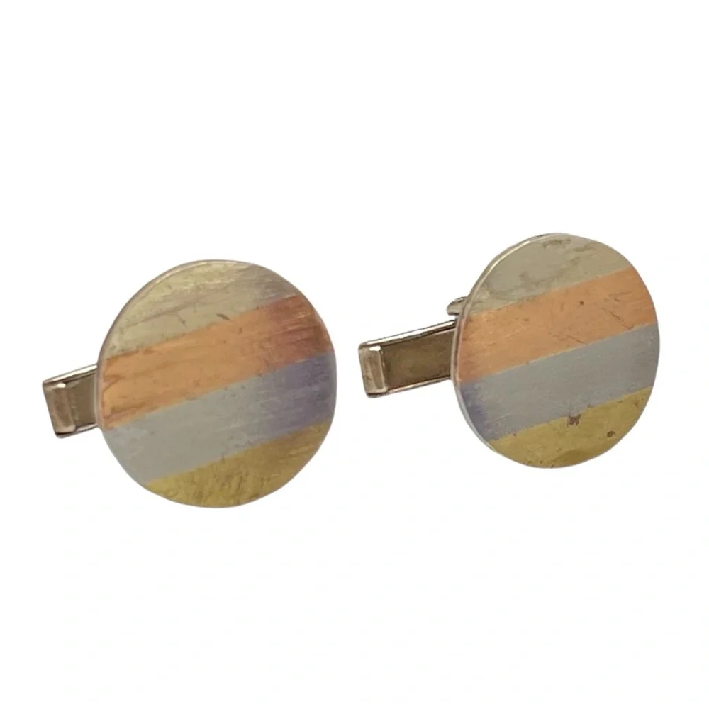 VINTAGE ALPACA MADE IN MEXICO 4 METAL COLOR STRIPE ROUND CUFFLINK